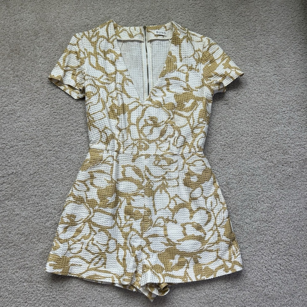 SUNO Designer Quiet Luxury Gold Yellow Floral V-Neck Romper Waffle Texture Boho